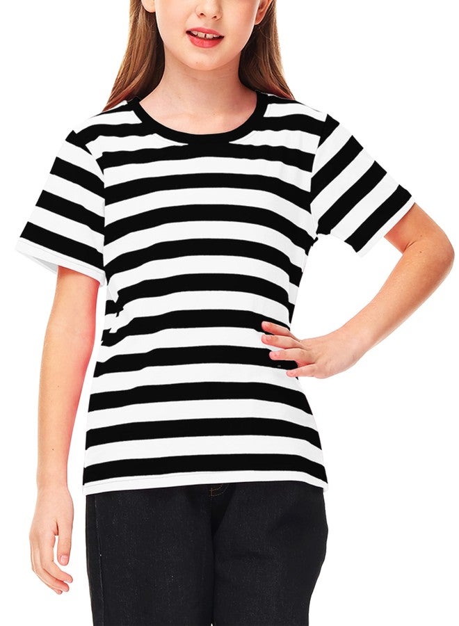 Deerose Kids Mime Artist Costume Shirt Halloween Short Sleeve Black White Striped Crewneck Summer Tee Top 7-8 Years - Image 3